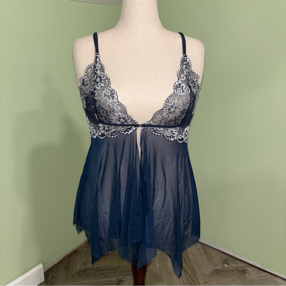 Avidlove Mesh Lace Open Front Chemise Sheer Navy Blue Fairy Y2K Women’s Sz XL